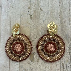 Handmade Colombian brown flower beaded Statement Earrings - Light Weight!